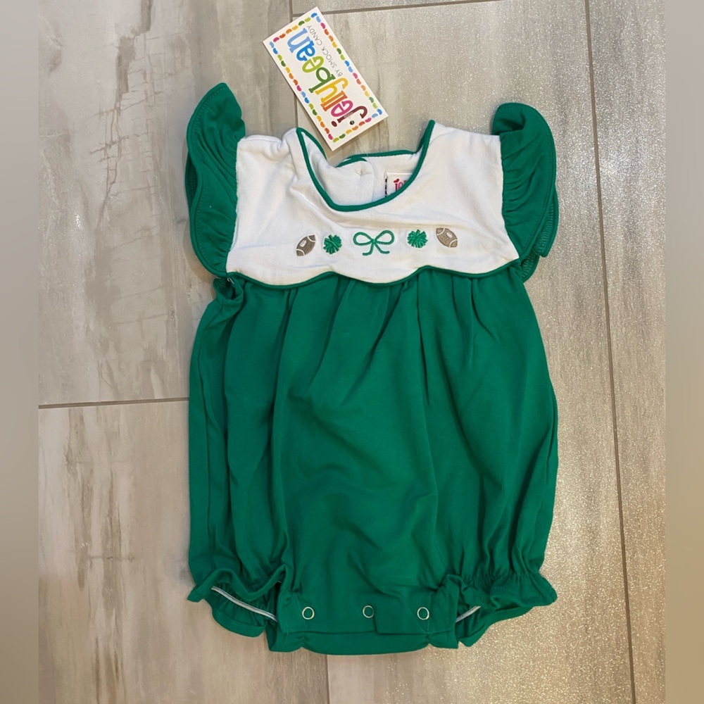NWT Jellybean Emerald Green Embroidered Team Spirit Bubble Romper, baby girls 9M